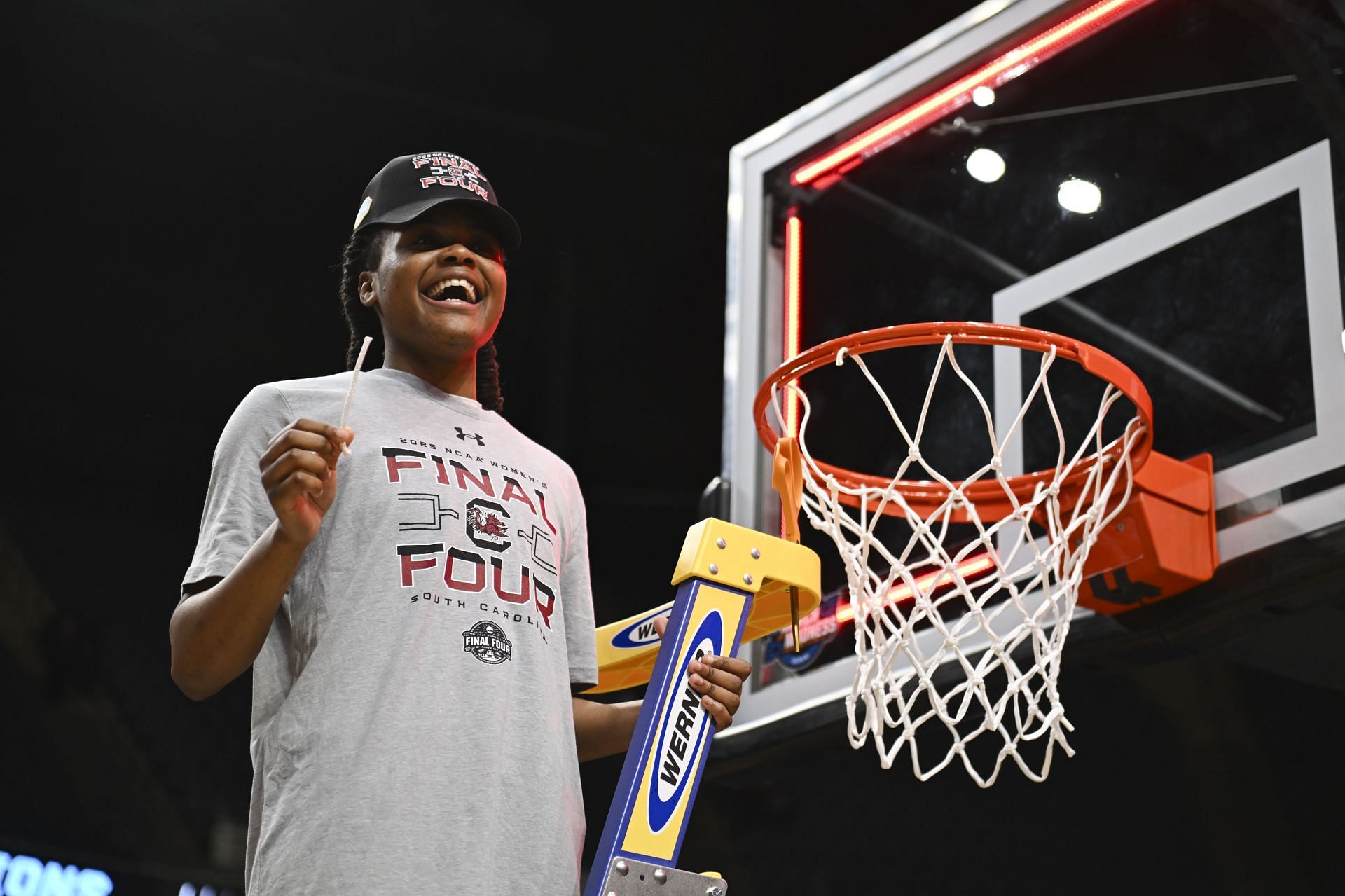MiLaysia Fulwiley (#12) of the South Carolina Gamecocks celebrates after defeating the Duke Blue Devils in the Elite Eight round of the 2025 NCAA Women's Basketball Tournament. Photo: Getty